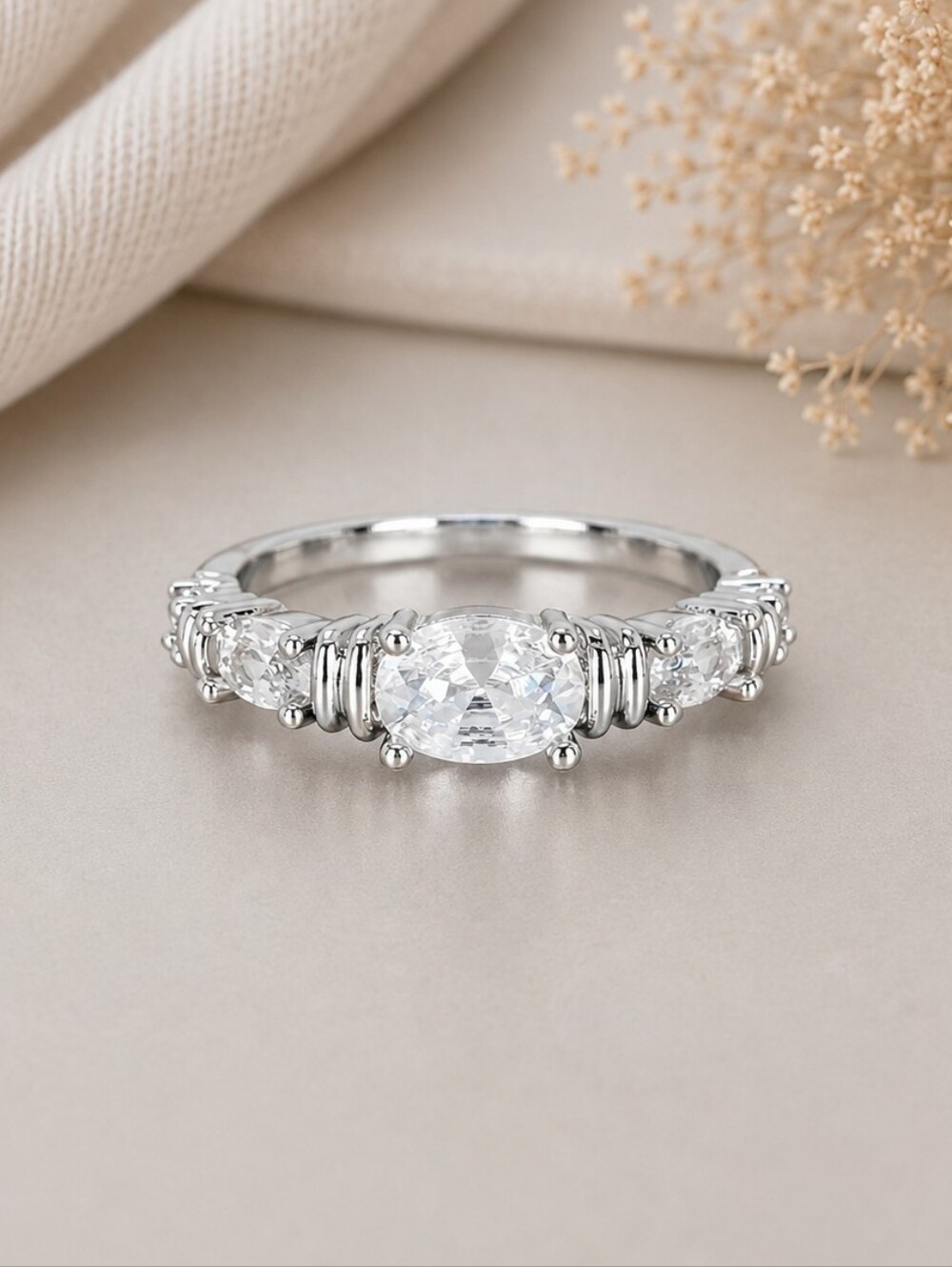Silver Oval Three Stone Ring